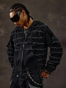 ROMWE MEN Street Life Men's KPOP Frayed Hooded Zip-Up Denim Jacket - Black - View 5