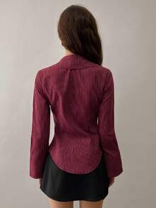 SHEIN Unity Striped Waisted Casual Shirt, Spring/Fall,Long Sleeve Tops - Burgundy - View 3