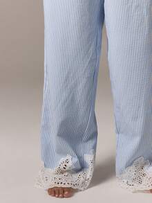 AiiRZ Women Striped Wide Leg Palazzo Pants Eyelet Lace Trim Summer Beach Holiday Lounge Wear Casual Bottoms With Ruffled Hem Detailing - Blue and White - View 4