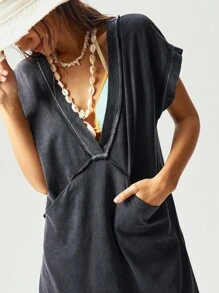 Bohemela Bohemian Style Solid Color V-Neck Sleeveless Loose Washed Knit Mini Dress For Women, Suitable For Music Festival, Beach Vacation - Black - View 3