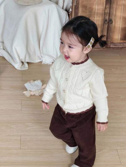 DAZY Toddler Girls' Contrast Color Korean Style Autumn/Winter Long Sleeve Cardigan With Heart & Floral Print