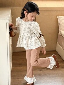 SHEIN Young Girls' Casual Ditsy Floral Round Neck Long Sleeve Top And Flare Pants Set Fall Winter - Multicolor - View 1