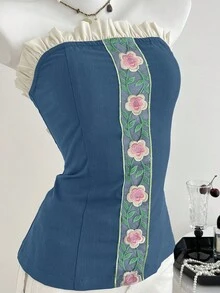 Elamini 女士荷叶边花卉刺绣吊带背心 - 藍色 - 查看 1