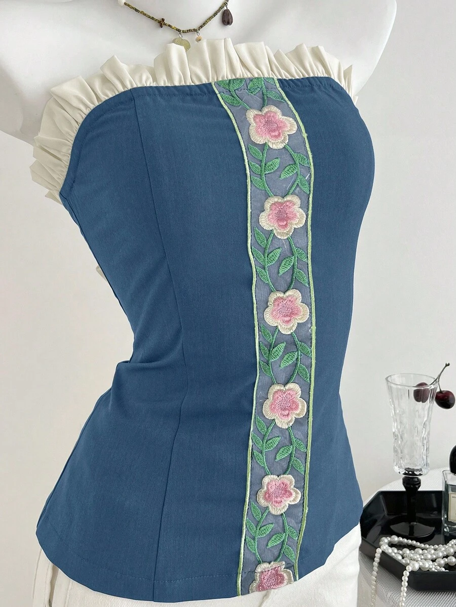 Elamini 女士荷叶边花卉刺绣吊带背心 - 藍色 - 查看 1