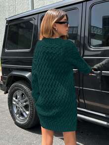 EURMUSE Women's Solid Color Crew Neck Long Sleeve Pullover Sweater Dress, Fashionable For Autumn/Winter - Dark Green - View 2