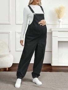 SHEIN Peto vaquero de maternidad de unicolor casual con bolsillo en diagonal y cordón ajustable - Negro - Ver 3