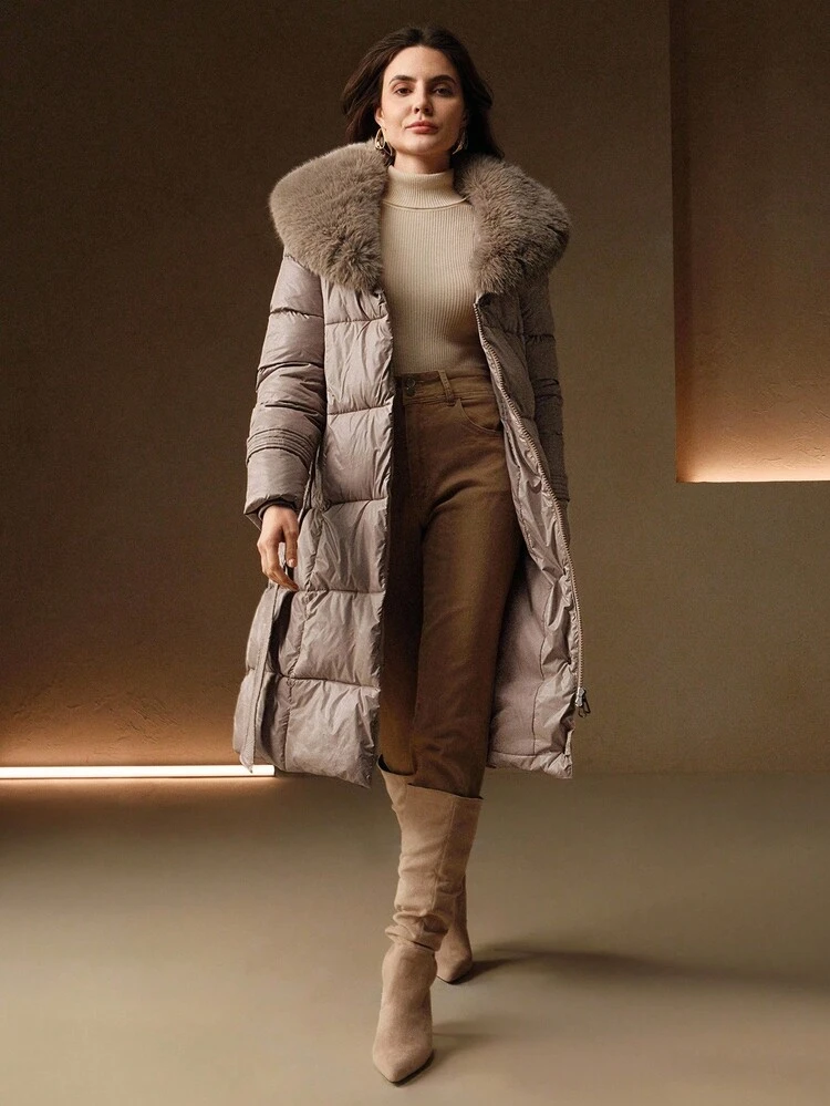 女性用中丈ジップアップ中綿コート、ファッショナブルなウエストシンチング、大きな ファー襟、冬用