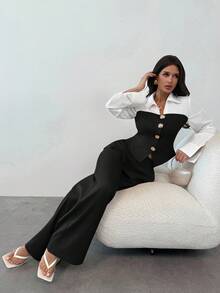 Firerie 休闲优雅杏色仿亚麻拼布衬衫配宽松直筒西装裤两件套女装/秋季女装/通勤装/教师装/返校季/复古款/商务休闲女装/女士办公室装 - 黑色 - 查看 1