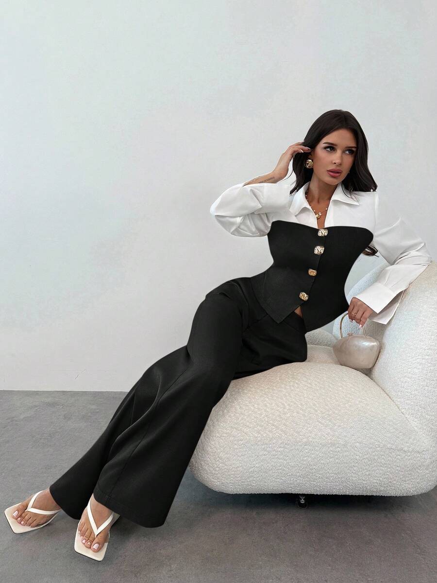 Firerie 休闲优雅杏色仿亚麻拼布衬衫配宽松直筒西装裤两件套女装/秋季女装/通勤装/教师装/返校季/复古款/商务休闲女装/女士办公室装 - 黑色 - 查看 1