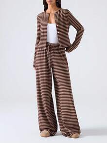 LYSMO 2025 New Autumn And Winter Women's Fashionable And Sexy Women's Brown Tops Striped Long-Sleeved Tops And Pants Casual 2-Piece Set/Autumn Women's Clothing/Women's Winter Clothing/Halloween Clothing/Christmas Women's Clothing/Party/Reception/New Year's Clothing/Back To School Clothing/Home/Y2K,Fall - Brown - View 5