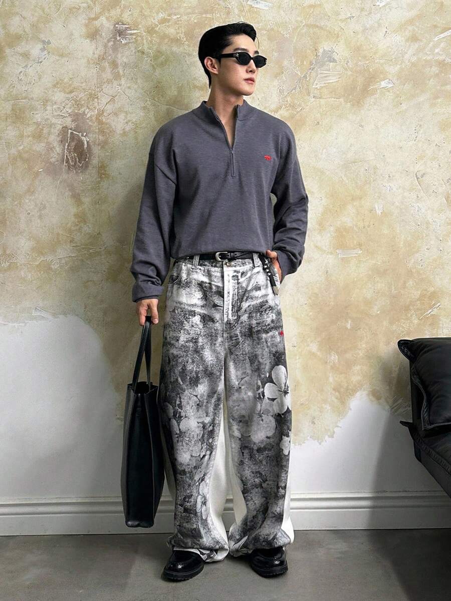 SWAVVY Men's Contrast Color Pocket Belted Loose Floral Print Straight Leg Jeans - Black - View 1
