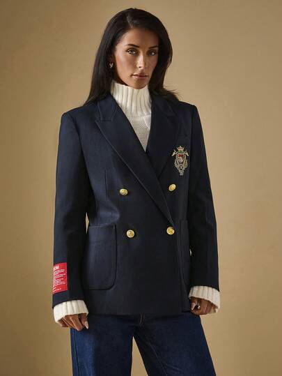 Briarwyn 女式秋季刺绣设计翻领长袖双排扣休闲西装外套