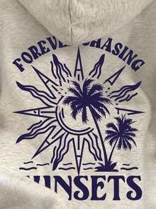 SHEIN 女式字母和棕榈树印花落肩长袖休闲宽松连帽运动衫 - 淺灰色 - 查看 5