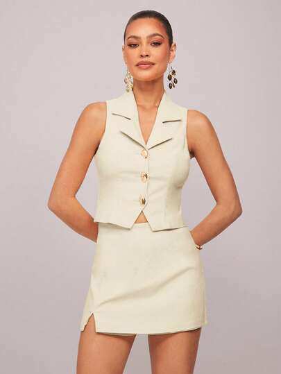 Silquee 1 Set Solid Color Front Button Vest And Split Hem Skirt, Elegant 2 Pieces Outfit