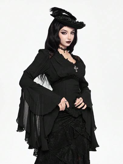 Goth Chemise décontractée pour femmes, style gothique de palais, col en V profond, contraste de dentelle, manches évasées, Halloween