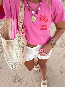 DrmWander Camiseta gráfica casual para mujer, camiseta de manga corta de estilo callejero, top de verano lindo, vibra de vacaciones, acento rojo