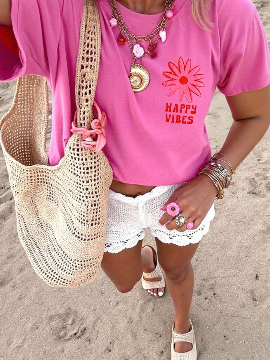 DrmWander Camiseta gráfica casual para mujer, camiseta de manga corta de estilo callejero, top de verano lindo, vibra de vacaciones, acento rojo