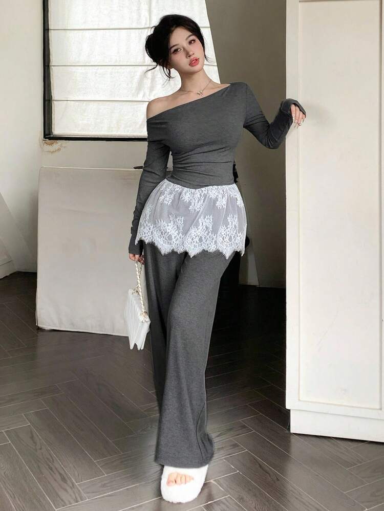 Women's Oblique Shoulder Long Sleeve Fitted Lace Patchwork Top And Straight Leg Pants Casual 2 Pieces Set