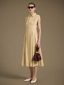 Ontre 2025 秋冬新款优雅浪漫都市时尚百搭办公室通勤商务休闲连衣裙，适合婚礼嘉宾、派对、音乐会、早午餐、机场、日常时尚，卡其色领子，前拉链，腰部褶皱，喇叭形下摆，女装，适合万圣节、圣诞节优雅知性的女性婚礼嘉宾礼服套装和美丽的法式休闲高端知性优雅老钱风格巡航服装度假装四季 - 黃色 - 查看 4