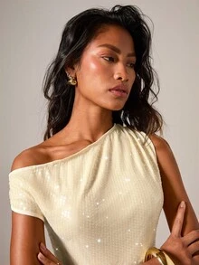 COSMINA Bộ đồ hai mảnh sequin bất đối xứng thanh lịch dành cho nữ, Thu/Đông - Màu be - Xem 6