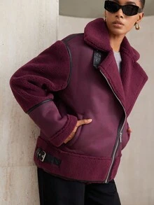 Aveloria Modichic 冬季时尚不对称仿保暖内衬厚夹克，百搭又时尚 - 酒紅色 - 查看 5