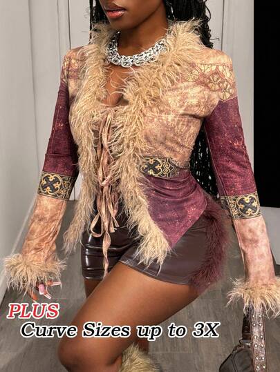 Slaydiva 2025 Spring/Autumn New Music Festival, Birthday Party, Graduation, Student, Daily Casual, Vacation, Cruise Travel, Beach, Sunbathing, Viral Cardigan With Tie, Bowknot, Fuzzy Collar, Fuzzy Cuffs, Abstract Print Cardigan, Plus Size Women Top