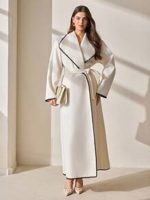 CLARA VERO Women Solid Color Belted Detailed Long Over Coats Dinner Everyday Black And White Fall Elegant Formal - White - View 2