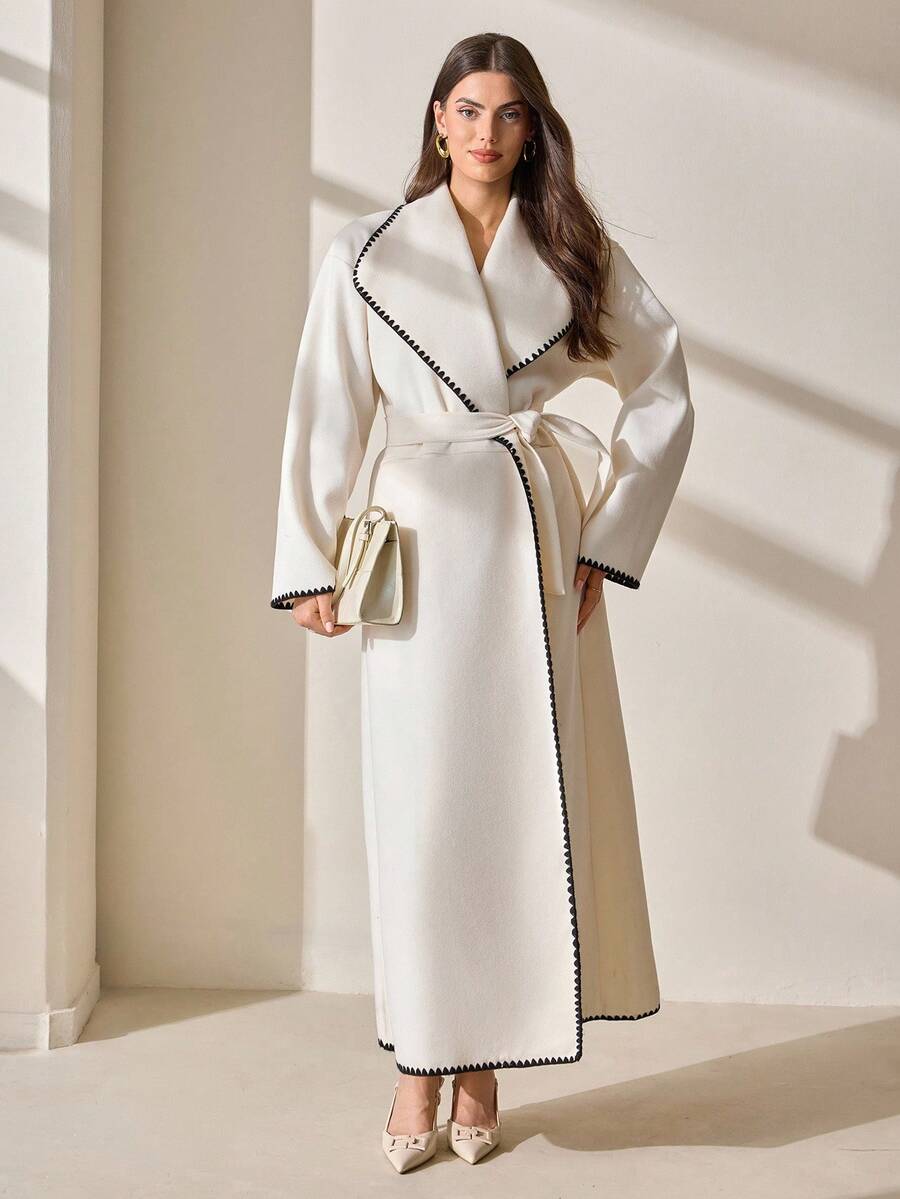 CLARA VERO Women Solid Color Belted Detailed Long Over Coats Dinner Everyday Black And White Fall Elegant Formal
