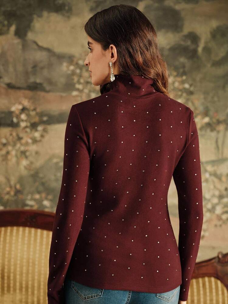 Women's Autumn/Winter Embellished Rhinestone Knit Turtleneck Sweater, Slim Fit Wool Pullover, Comfortable Long Sleeve Wine Red Wool T-Shirt
