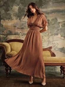 Anewsta Đầm dài cổ chữ V, tay nhún vai, eo thắt eo cho nữ, thích hợp cho kỳ nghỉ ở bãi biển, mùa xuân/hè - màu nâu - Xem 3