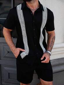 Manfinity Homme Camisa casual de hombre con ribete de encaje de color contrastante, verano - Negro - Ver 3