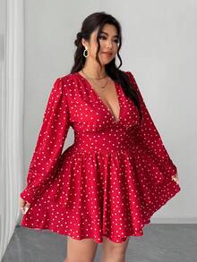 Elenzga Sexy Kleid mit tiefem V-Ausschnitt und Herz-Muster in Große Größen - Rot - Übersicht 5