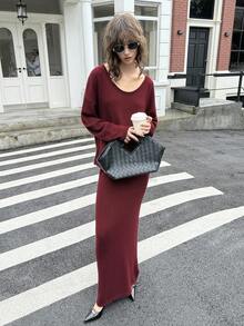 ATUI Studio 2 pièces Ensemble de pull tricoté décontracté à col rond, manches longues et épaules tombantes, couleur unie pour femmes