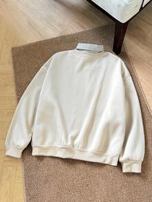 Manfinity Unisex 男士针织休闲宽松长袖保暖卫衣，时尚日常穿着 - 卡其色 - 查看 7