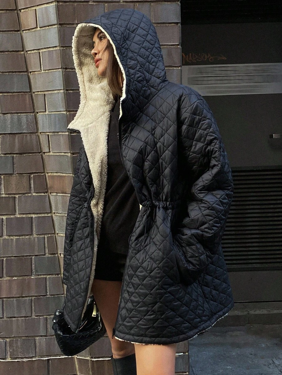 DAZY 女式束腰连帽绗缝拼布蓬松衬里宽松夹棉外套冬季夹克 - 黑色 - 查看 1