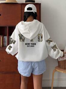 Attitoon Sudadera holgada de mujer con estampado vintage de Nueva York y hojas, de ajuste suelto y gruesa, estilo retro casual para otoño, vacaciones, ropa de calle, graduación, maestros, vuelta al cole, otoño/invierno - Blanco - Ver 8