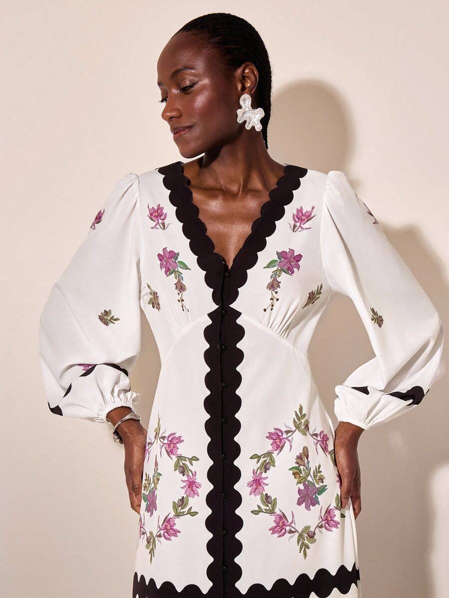 CAJUNI Women's V-Neck Lantern Sleeve Vintage Colorblock Floral Pattern Maxi Dress, Vacation Style