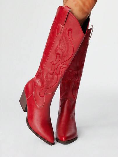 Fairycore Stivali da cowboy donna con punta affusolata, tacco largo, ricamo, in pelle, alti fino al ginocchio, moda all'aperto, autunno/inverno