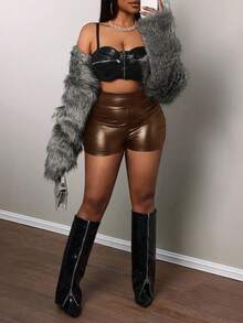 Slaydiva Elegant Party Slim-Fit High-Waisted Side Pleated Faux Leather Shorts For Women - Mocha Brown - View 6