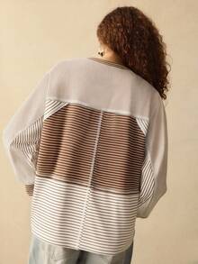 SoleilVie 女士圆领插肩袖条纹拼布宽松复古T恤 - 彩色 - 查看 2