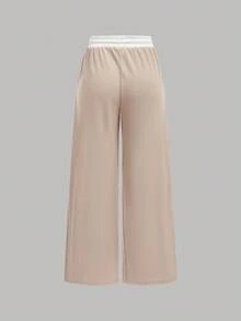 SHEIN Girlism Bộ áo thun bó sát dệt kim màu tương phản dành cho bé gái tuổi teen và quần cạp chun rộng rãi, trang phục thể thao đường phố, phù hợp cho mùa xuân/hè, trường học, bóng đá, hoạt động ngoài trời - Màu Khaki - Xem 10