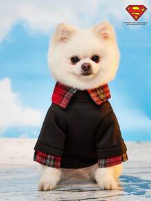 SUPERMAN X PETSIN 1pc Ombre Retro Style Logo Print Black Knit Patchwork Plaid 2 In 1 Stylish Vintage Sweatshirt, Suitable For Cats And Dogs