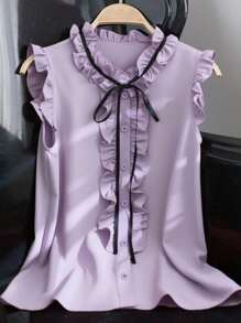 Franclia 荷叶边无袖休闲宽松衬衫，优雅女士红色宽松梭织衬衫上衣，夏季女装 - 紫色 - 查看 4