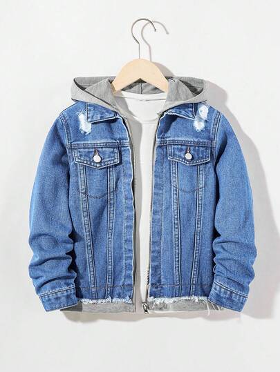 SHEIN Young Boy Fashion Casual Gray Knit Hooded Spliced Blue Denim Long Sleeve Ripped Jacket For Dailywear And Fall Boys Clothes Winter