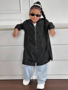 SHEIN Young Girl Solid Color Hooded Cinched Waist Long Casual Jacket,In Fall/Winter - Black - View 6