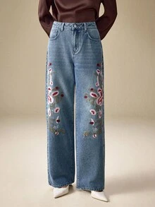 Selenza Jeans anchos casuales y holgados con bordado floral para mujer - Azul - Ver 8