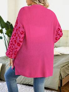 Calvaya 大码女式豹纹休闲宽松开衫，秋冬 - 玫紅色 - 查看 2