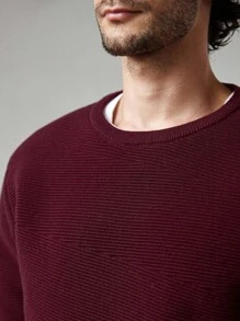 Manfinity Homme Áo len chui đầu tay dài cổ tròn màu trơn thường ngày đa năng cho nam, phong cách Old Money, thu đông - Màu Đỏ Sâu - Xem 7