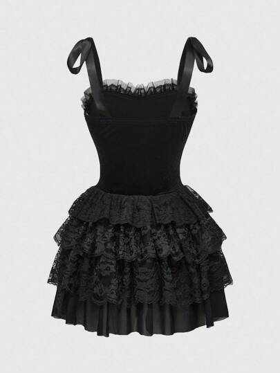 Goth Gothic Castle Cross Embroidery Contrast Lace Trim Cross Pendant Women Velvet Camisole Tie Strap Dress, Halloween