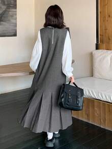 FRIFUL Women's Casual Commuter Pleated Hem Sleeveless Dress Pinafore Dress Drop Waist Dress Pleated Dress Gray Dress Jumper Dress